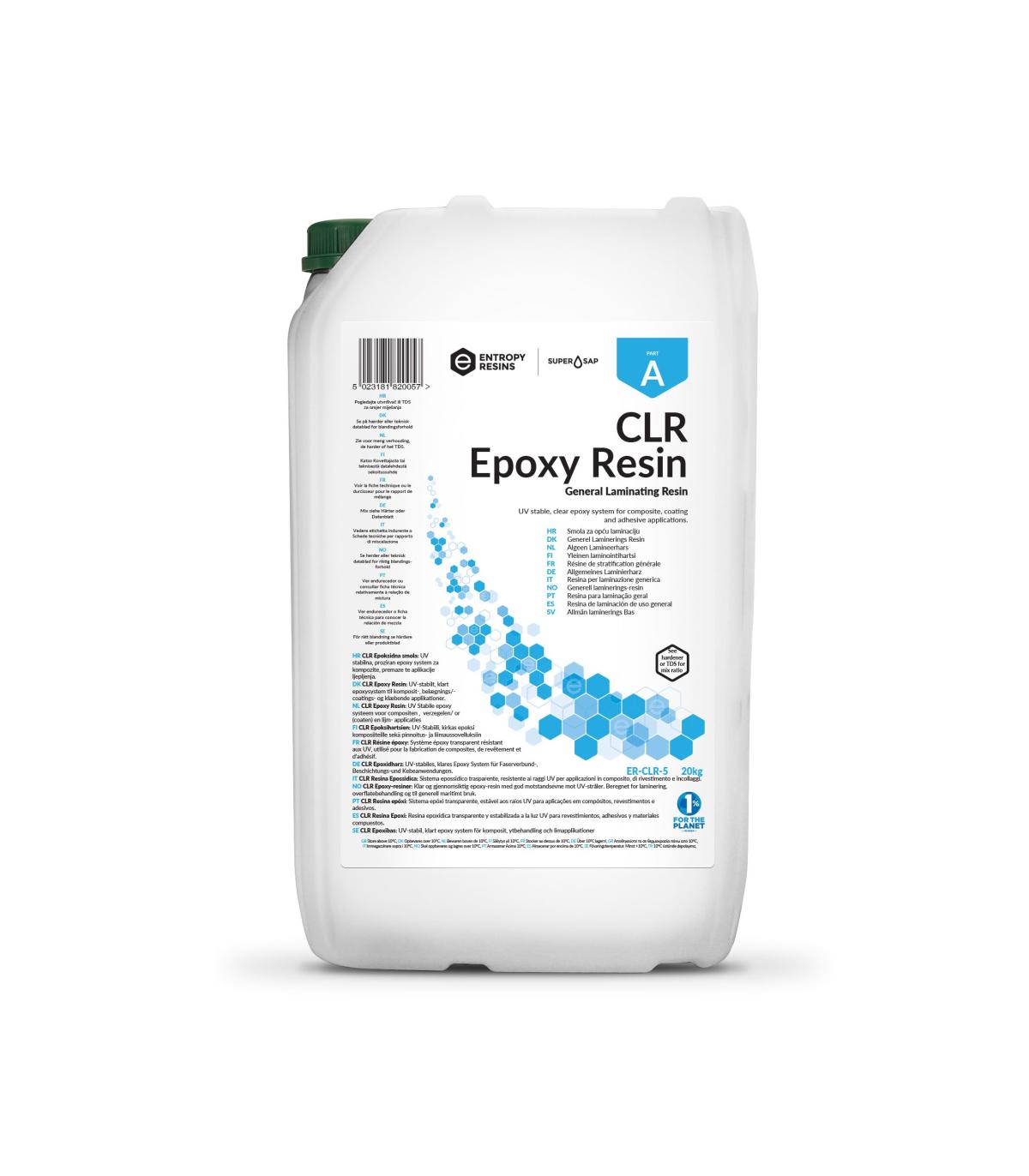 Résine époxy biosourcée transparente CLR d'ENTROPY. Pour stratifications,  revêtements et applications adhésives (45kg)